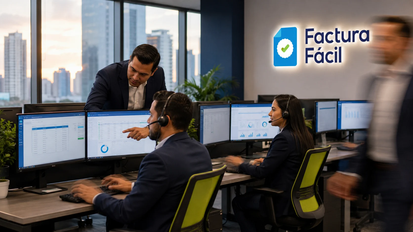 Equipo de Factura Fácil atendiendo clientes desde su oficina en Ciudad de Panamá