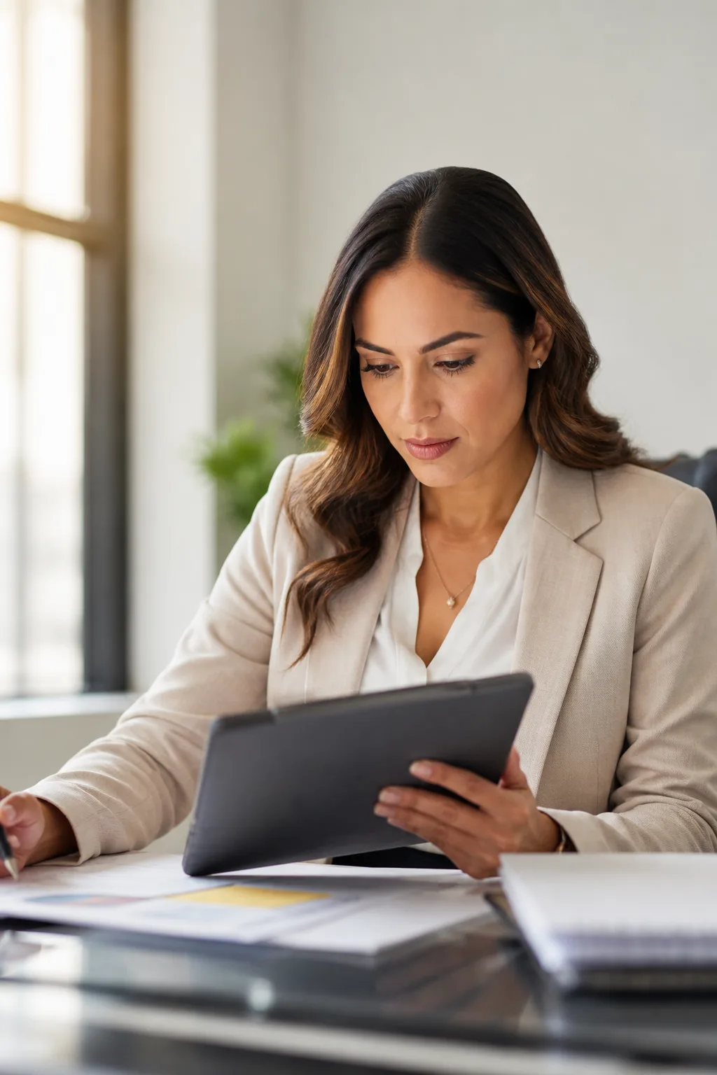 Empresaria panameña revisando facturas en tablet en oficina moderna