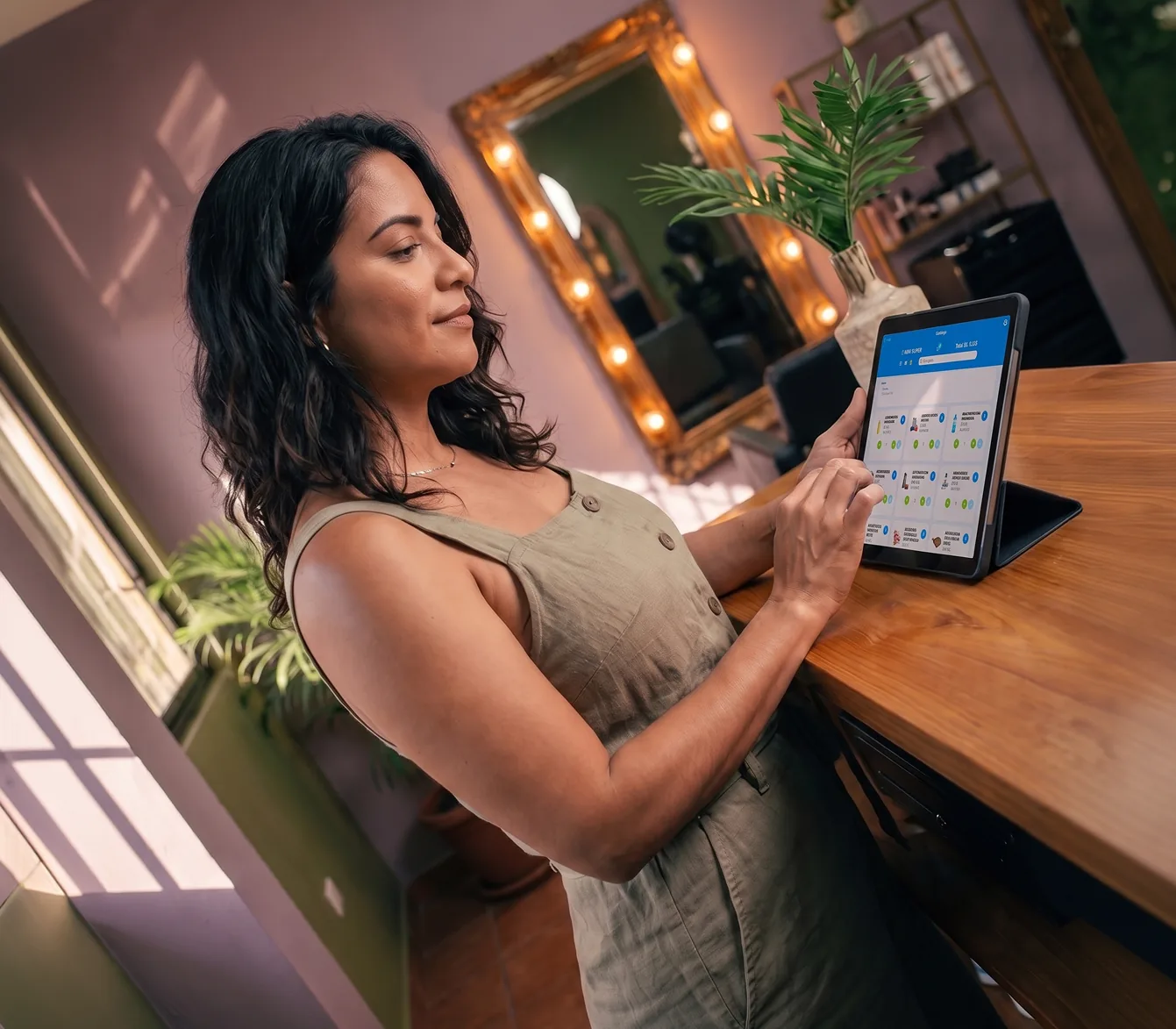 Dueña de un salón de belleza en Panamá usando FácilApp en una tablet sobre el mostrador de recepción: en pantalla el catálogo de productos con el total de la venta