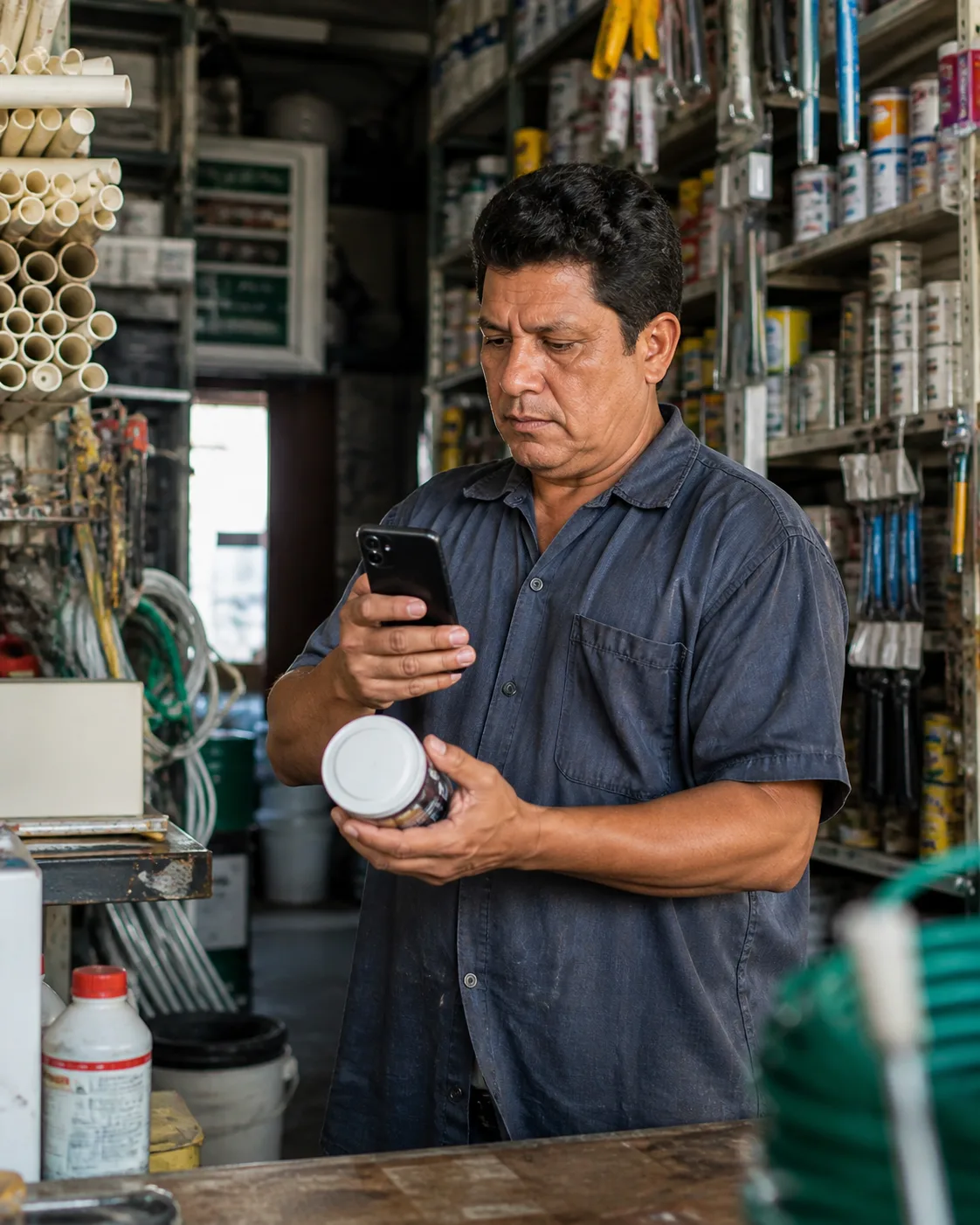 Dueño de ferretería escaneando producto con celular